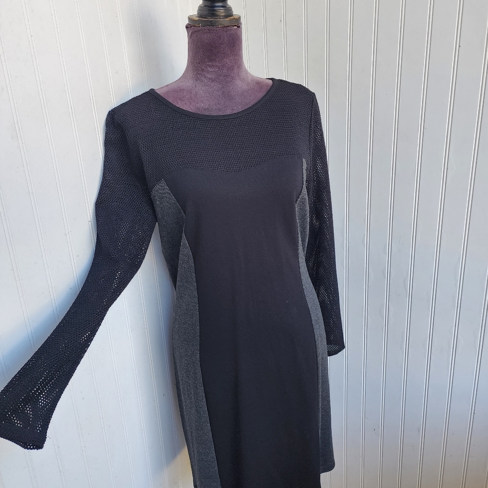 Kensie Womens Dress Classy Black Gray Mesh Front Zipper Long Sleeve Sz L - Picture 3 of 15